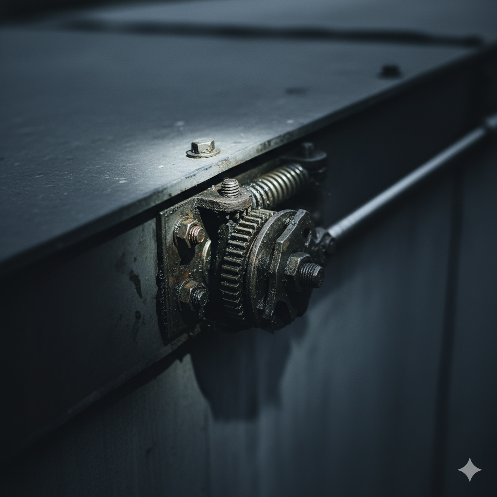 Zbliżenie na mechanizm klapy dymowej.