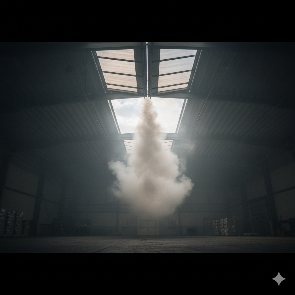 Test klapy dymowej w ramach ćwiczeń przeciwpożarowych. 