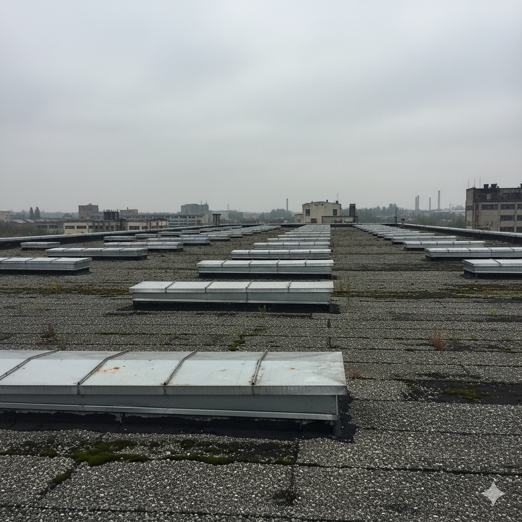 Szeregi klap dymowych na dachu magazynu. 