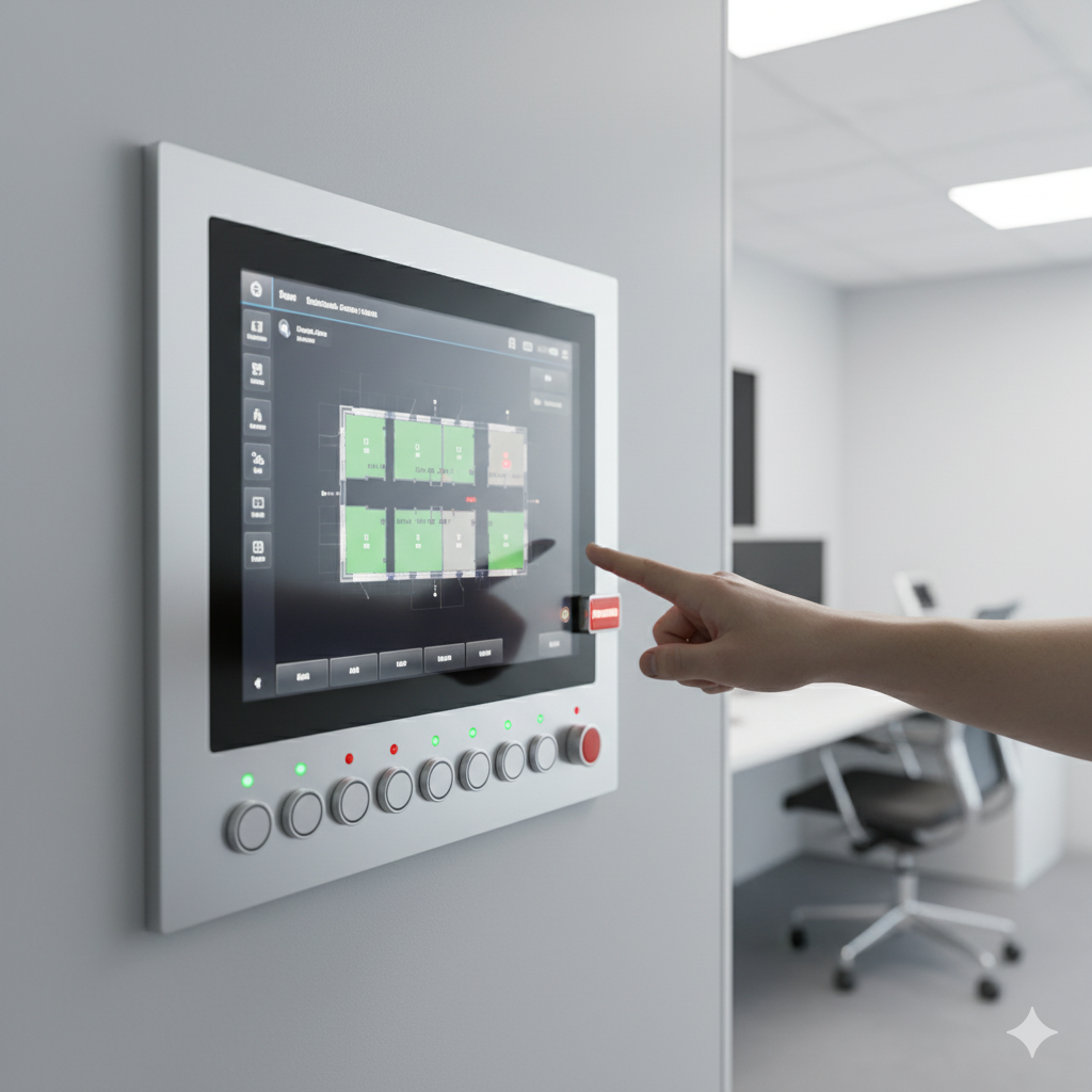 Dotykowy interfejs ścienny wyświetlający stan systemu przeciwpożarowego.