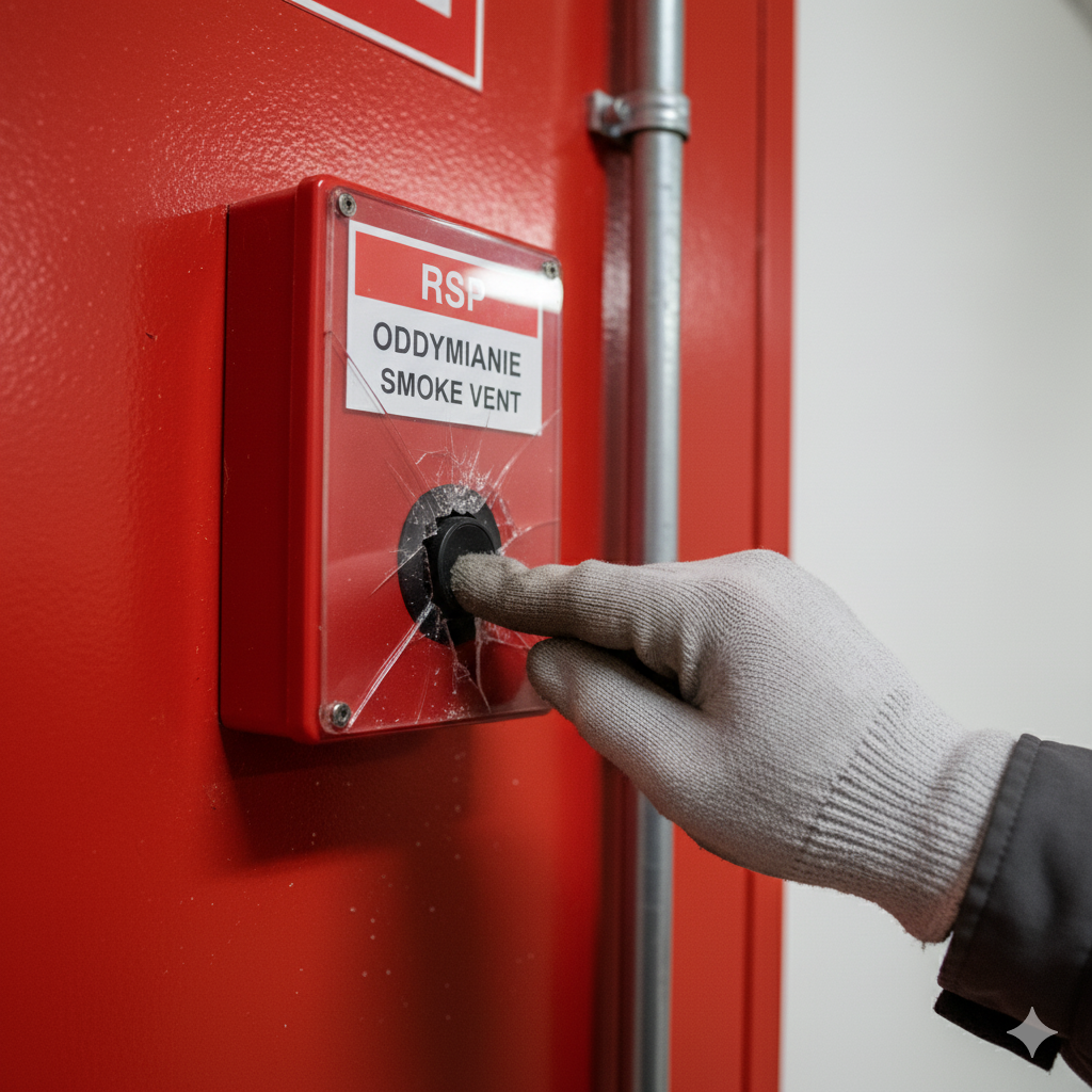 Pracownik uruchamiający system oddymiania za pomocą przycisku.
