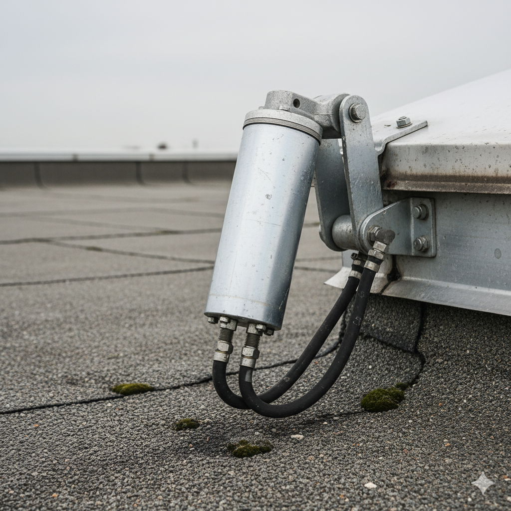 Siłownik pneumatyczny na dachu hali przy klapie dymowej.